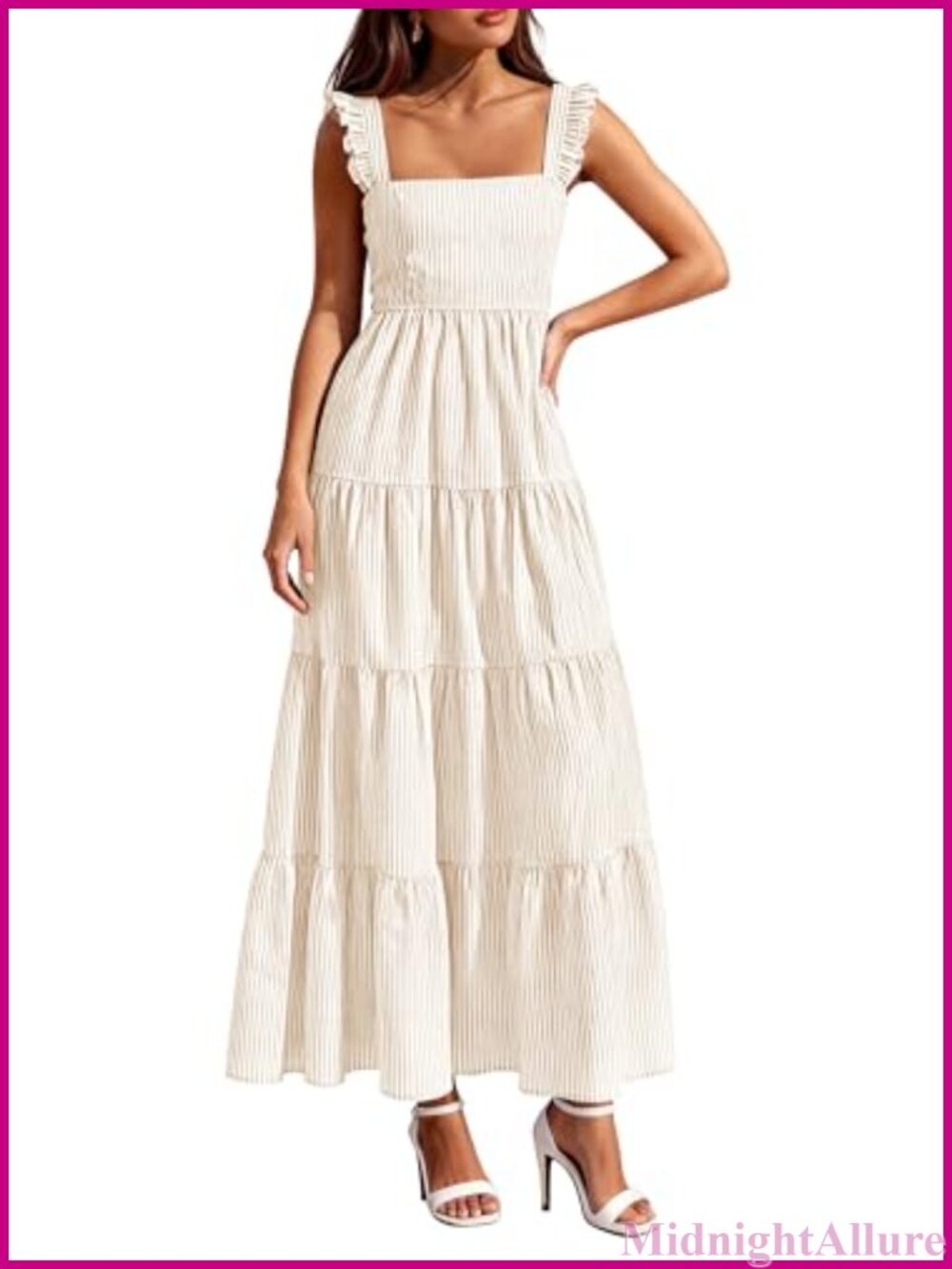 Women's Striped Maxi Sundress Square Neck Smocked Sleeveless Tiered Ruffle Dress
